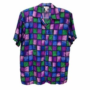 Vintage 90s Silk Windowpane Plaid Mosaic Blouse Jewel Tone Stained Seaglass